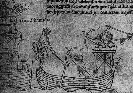 Иллюстрация к Historia Major английского хрониста Матвея Парижского, ок. 1240 г. Моряки-крестоносцы используют фустибалы